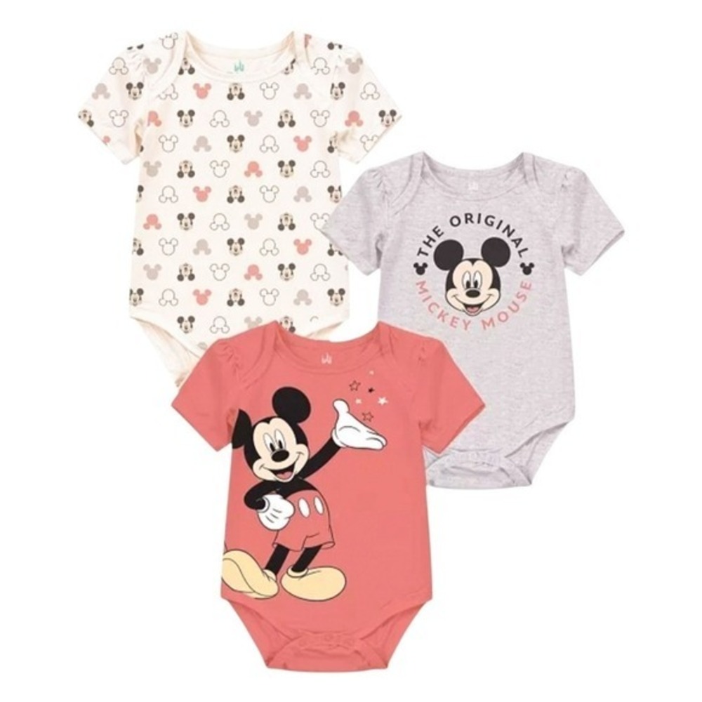 NWT Disney Baby Mickey Mouse Pink & Gray Bodysuits (Set of 3)- Infant 3-6 Months